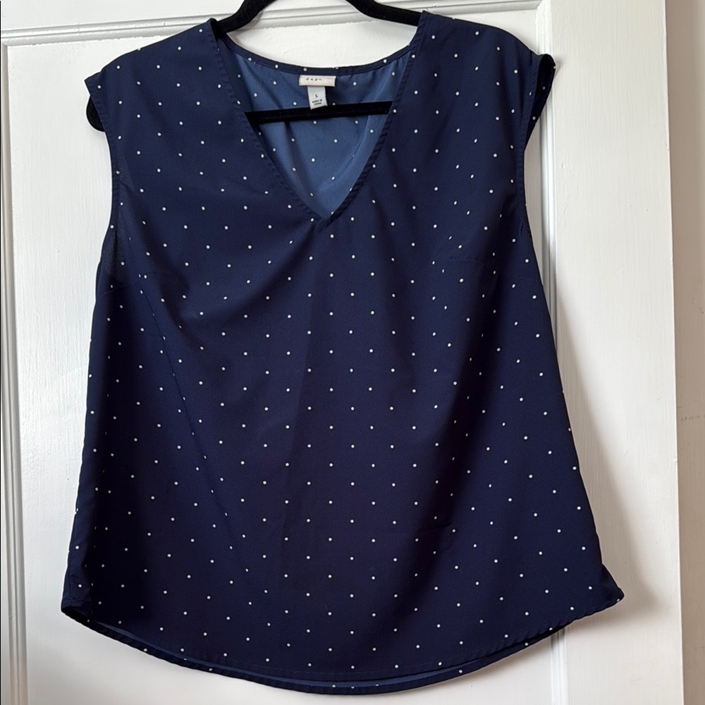🌻 A New Day Navy Blue and White Polka Dot Blouse